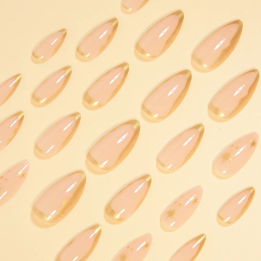 24pcs/set Nude Fake Nails with Golden Frame Star Print Full Cover Almond Shape Nail Tips Reusable Press on Artificial Nails Art