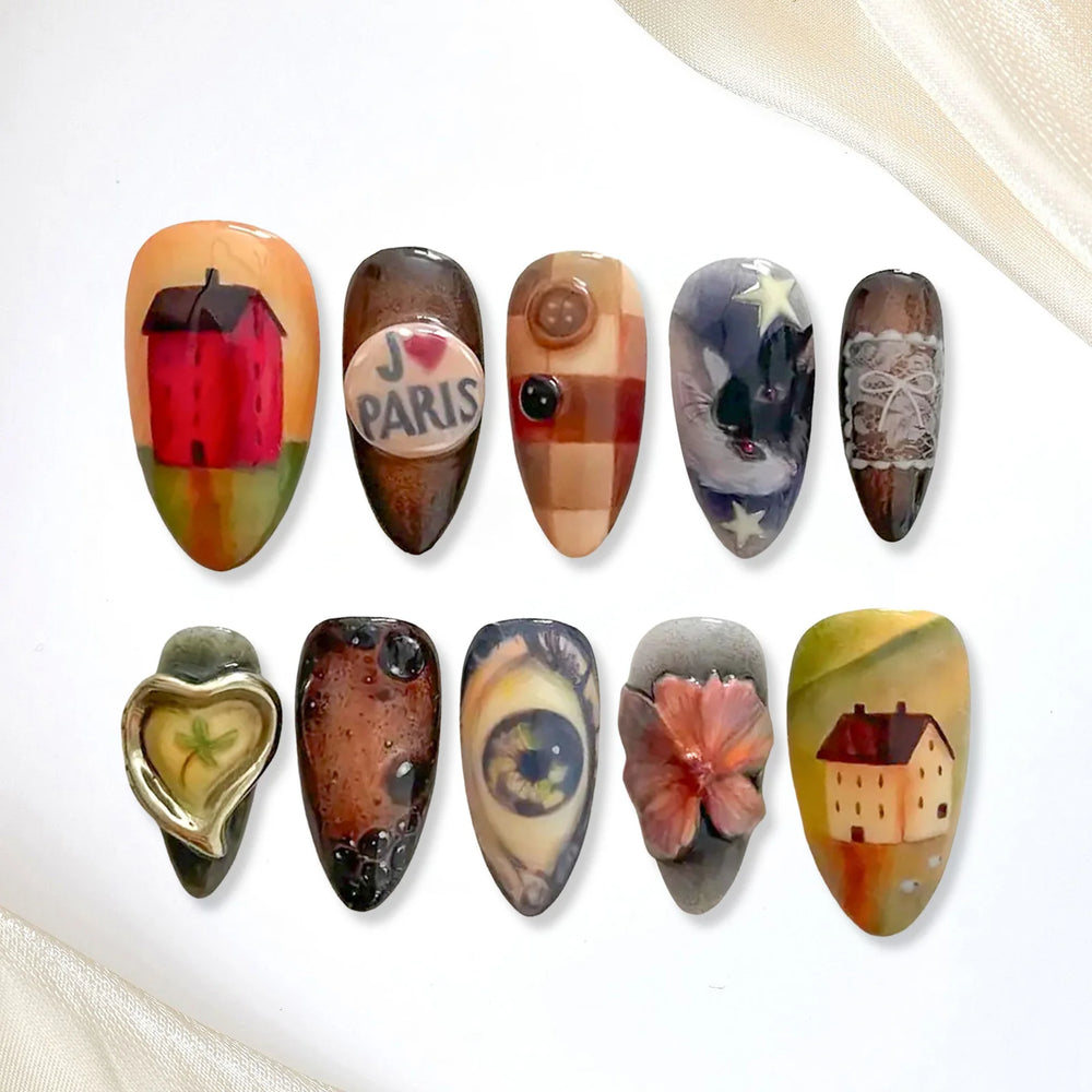 European Countryside Painting Handmade Press-On Nails – Almond, 10 Pcs