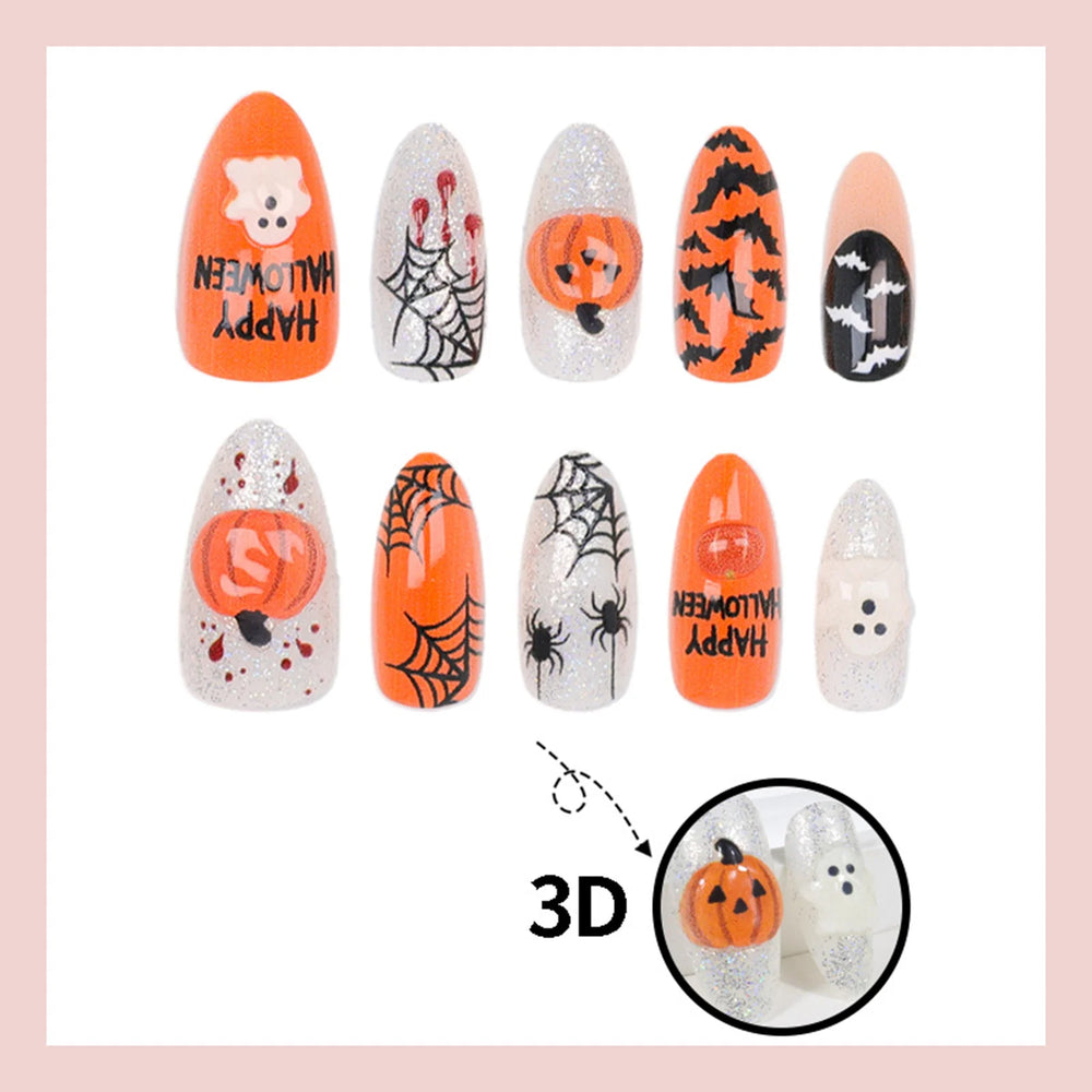 Cute Ghost Pumpkin & Bat Halloween Press-On Nails – Almond, 30 Pcs