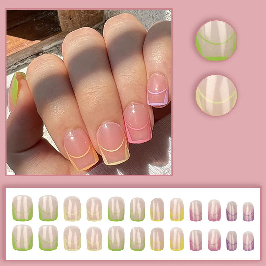 Short square fake nails for women Nude colors with french colorful strips Y2K full cover resuable press on false nail art set