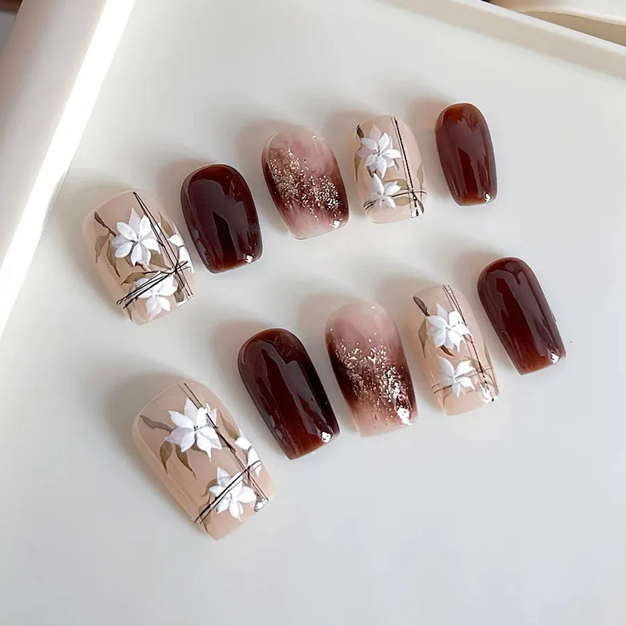 Short Medium fake nails for women girls gradient brown flowers leaf design full cover square ballet tips acrylic press on nails