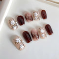Short Medium fake nails for women girls gradient brown flowers leaf design full cover square ballet tips acrylic press on nails