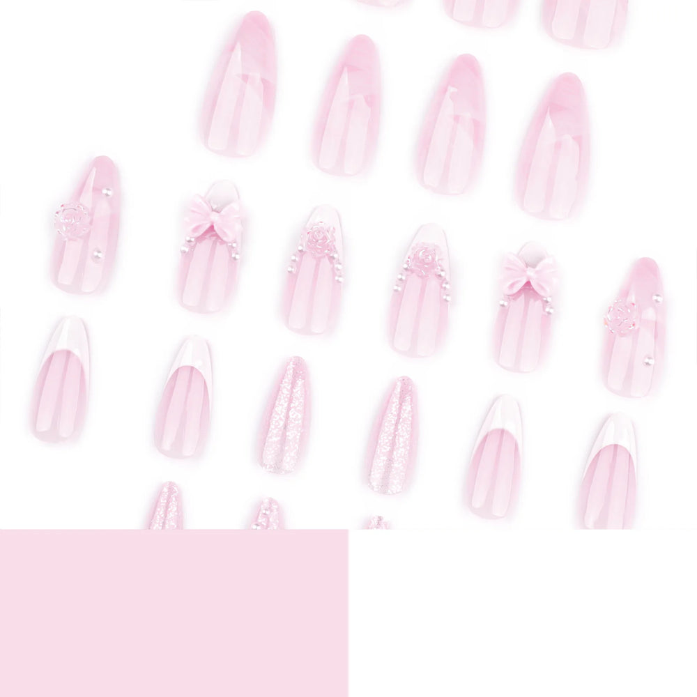 White French Tip Flowers & Bows Press-On Nails – Almond, 24 Pcs