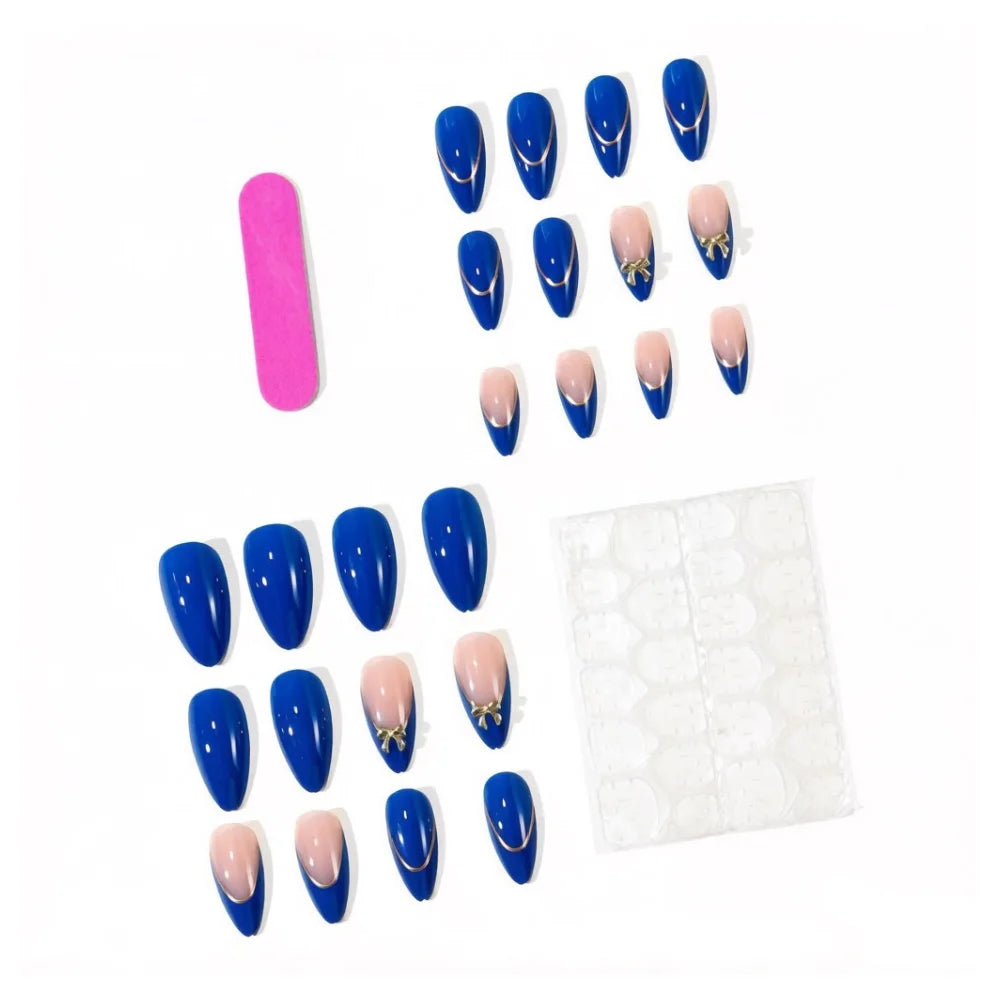 Medium fake nails for women gilrs Nude blue colors with golden strips bow design french style almond nail tips press on nails