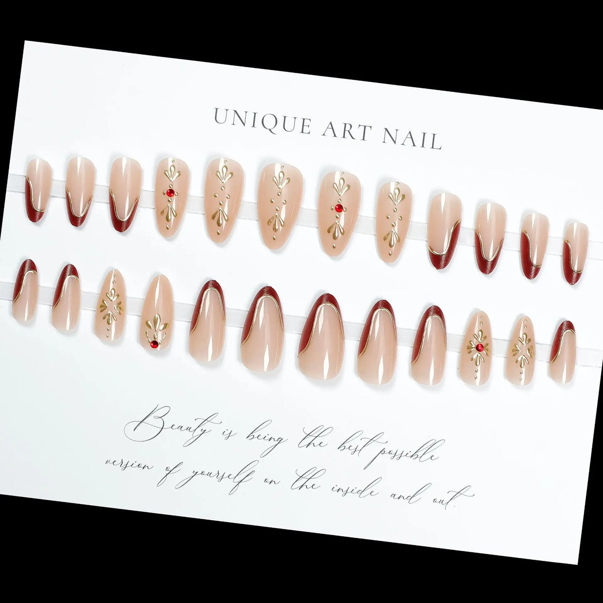 3D fake nails for women girls french style dark red nude almond shape embossed flowers with rhinestones press on false nail art