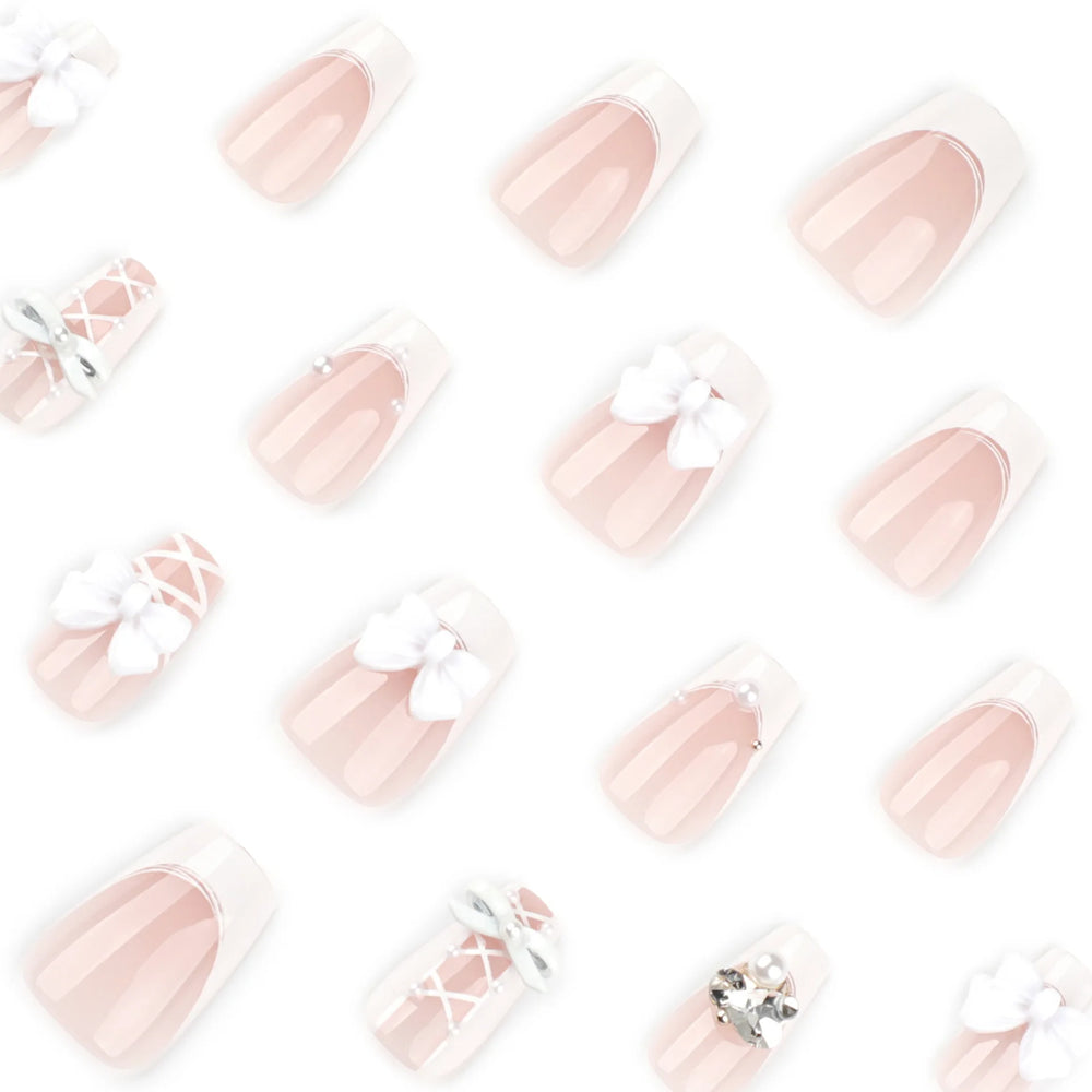 White 3D Bow Rhinestone French Press-On Nails – Short Square, 24 Pcs