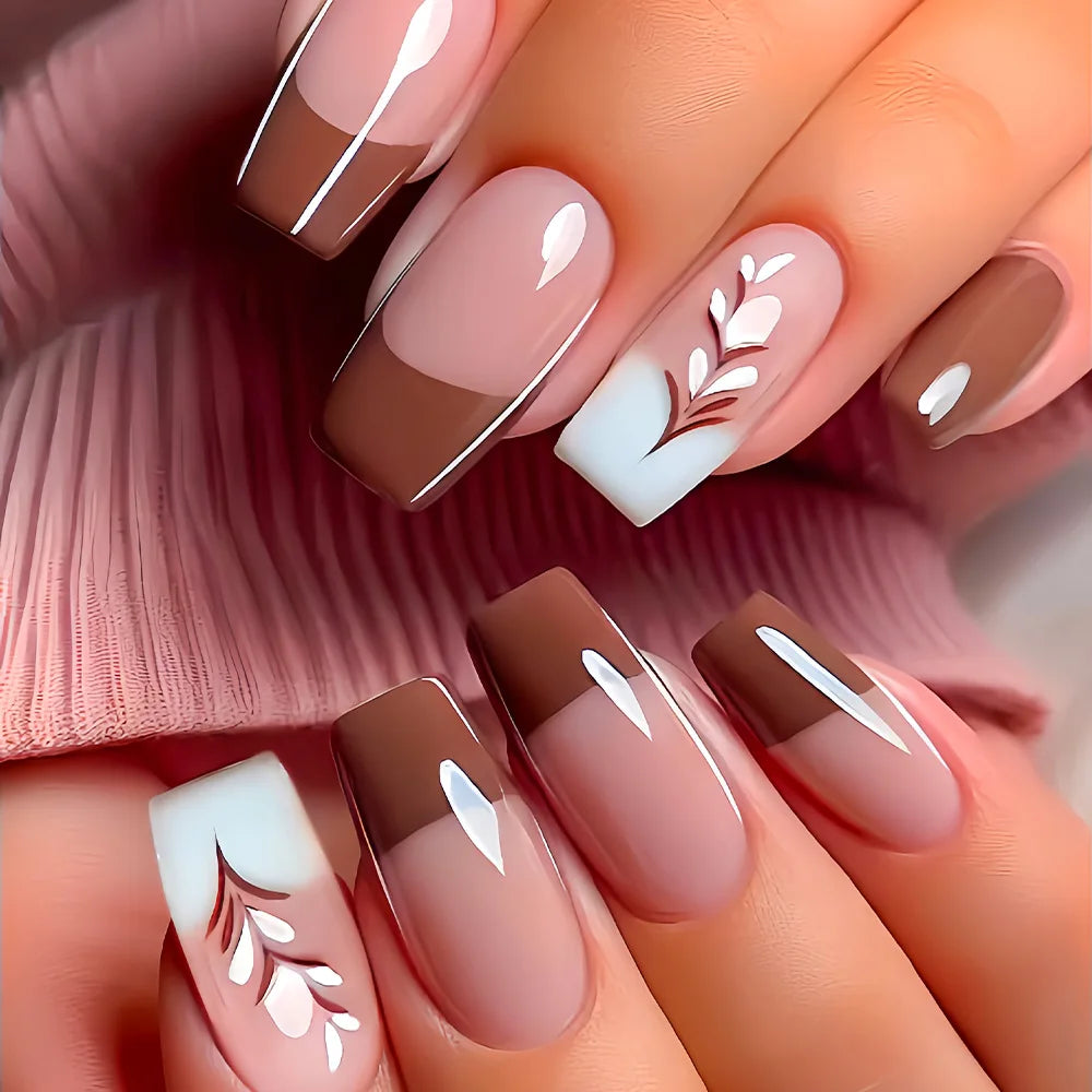 Brown Floral Square Ballet Press-On Nails – Medium Long
