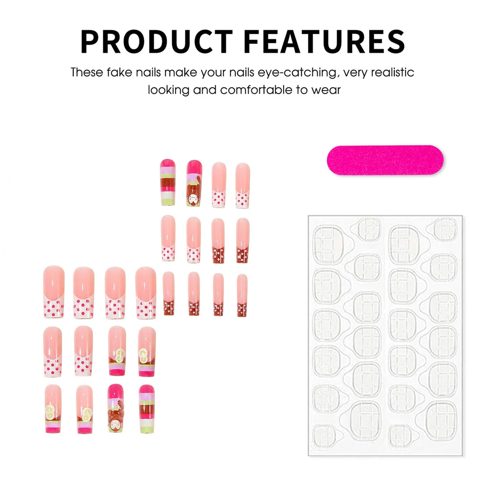 Cartoon Monkey & Banana Macaron Stripe Press-On Nails – Square, 24 Pcs