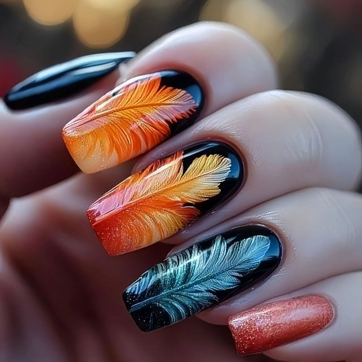 Short Medium long fake nails for women girls colorful flowers feather design Ballet square nail tips press on false nail art set