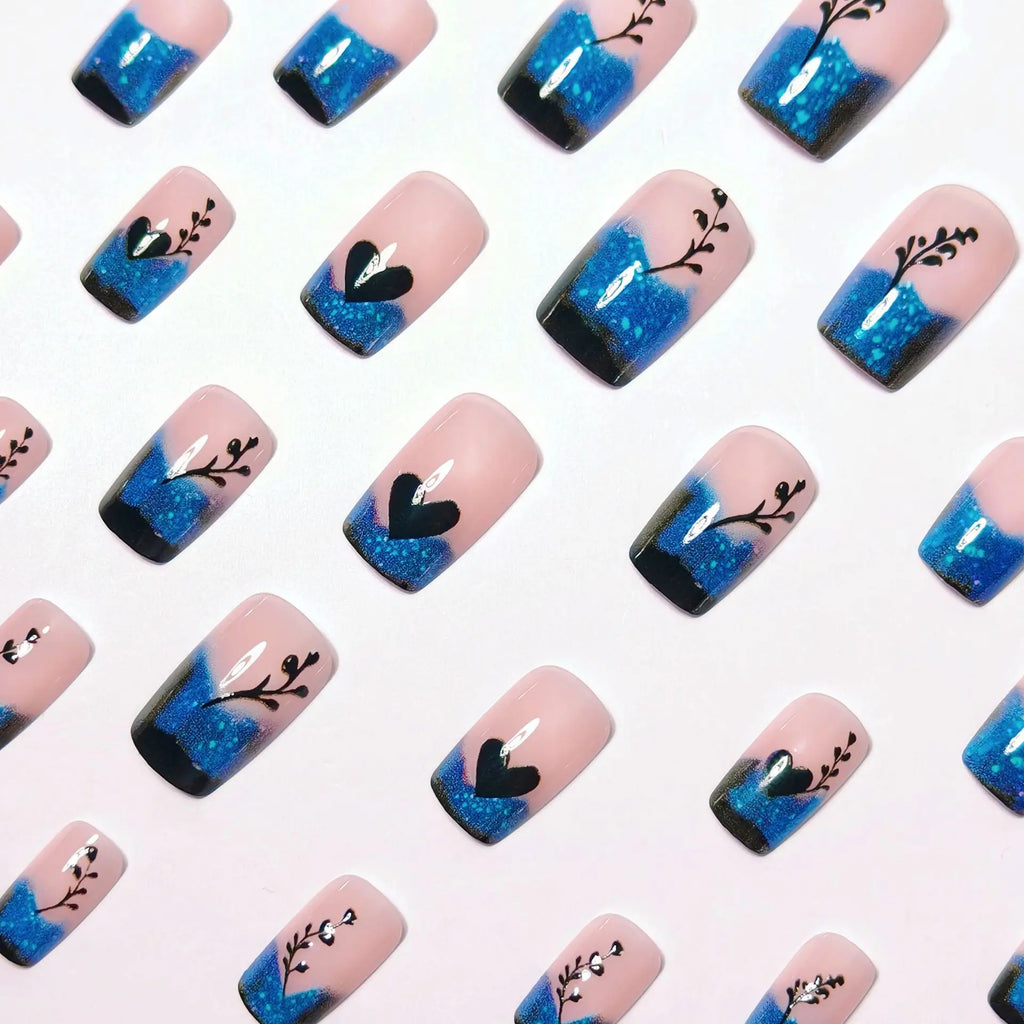 Short Medium Square fake nails for women girls Gradient deep blue with flowers design full cover press on acrylic false nail art