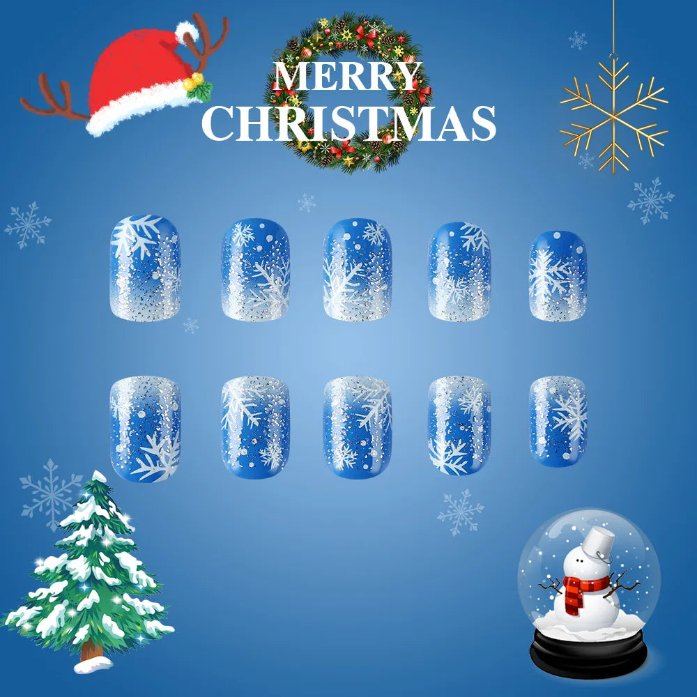 Snowflake Glitter Christmas Press-On Nails – Short Square, 24 Pcs