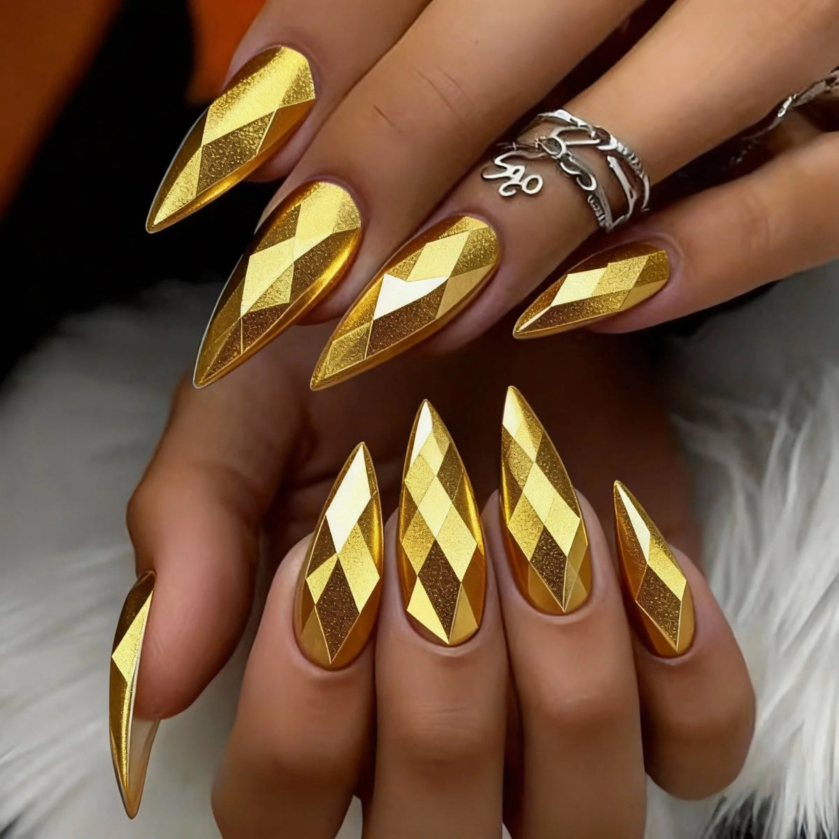 3D fake nails Holographic Plated Metallic glossy rhombus rose golden yellow silver champagne almond nail tips press on nail art
