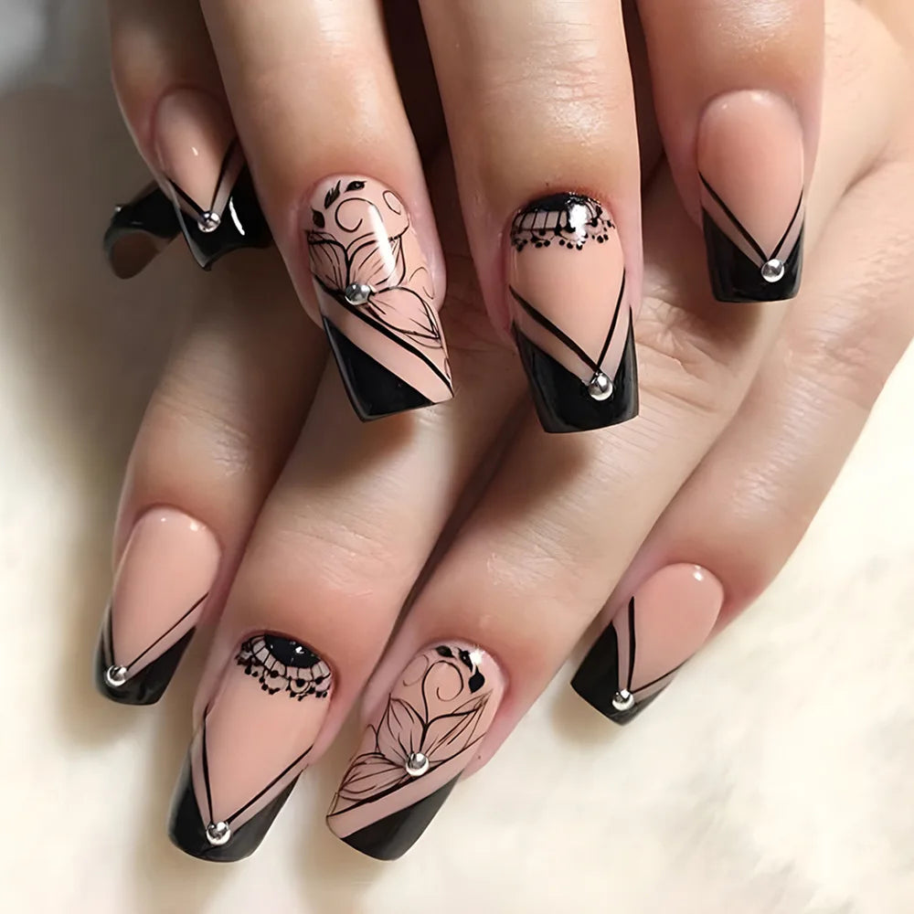 3D fake nails for women girls gradient grey nude brown shimmer almond nail tips flowers rhinestones design press on false nail