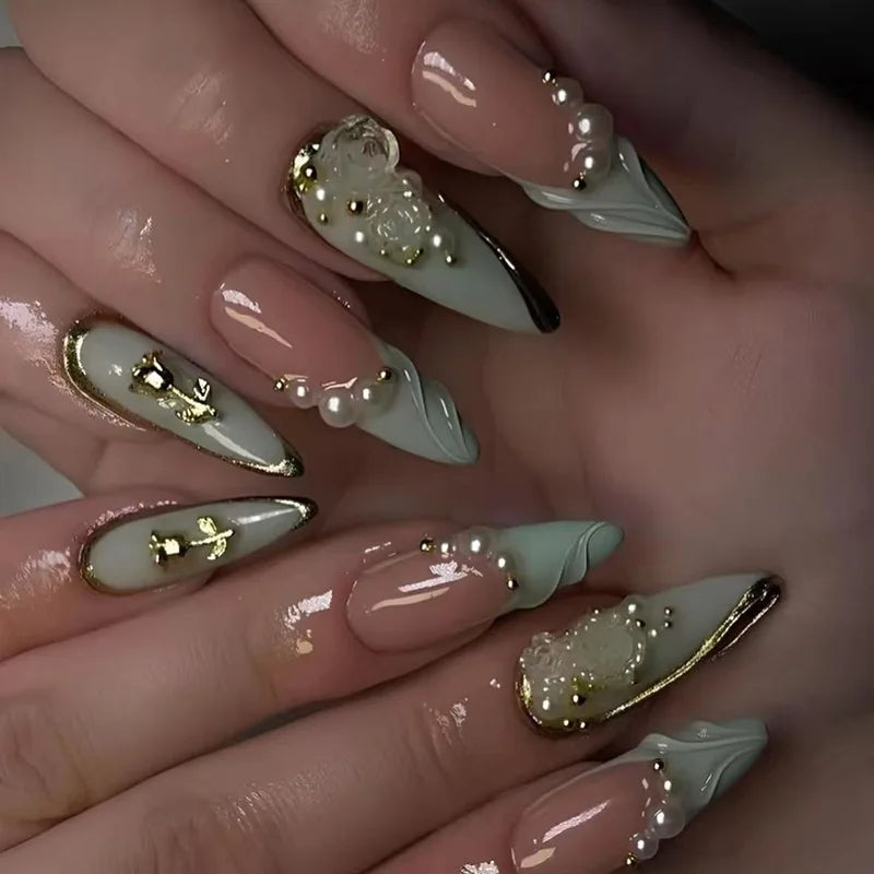 24/30pcs/set Medium Long Fake Nails 3D Flowers Butterfly Rhinestones for Spring Summer Golden Foil Nail Tips Press On False Nail