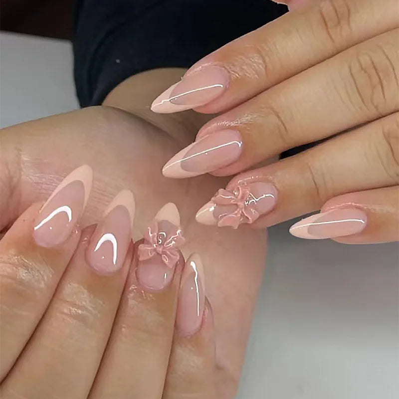 White French Tip Flowers & Bows Press-On Nails – Almond, 24 Pcs