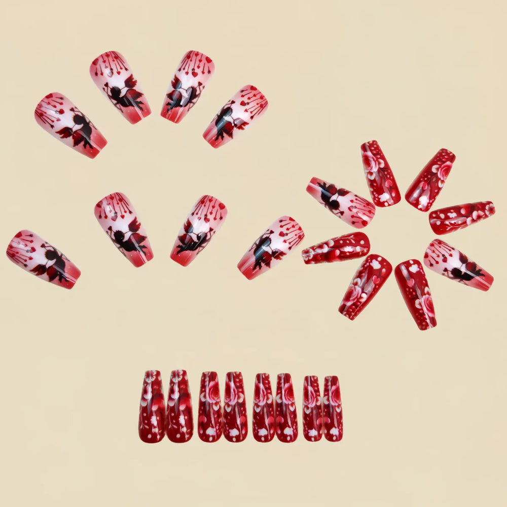 Pink Red Gold Rose Heart Angel Valentine's Ballet Press-On Nails – Medium Long
