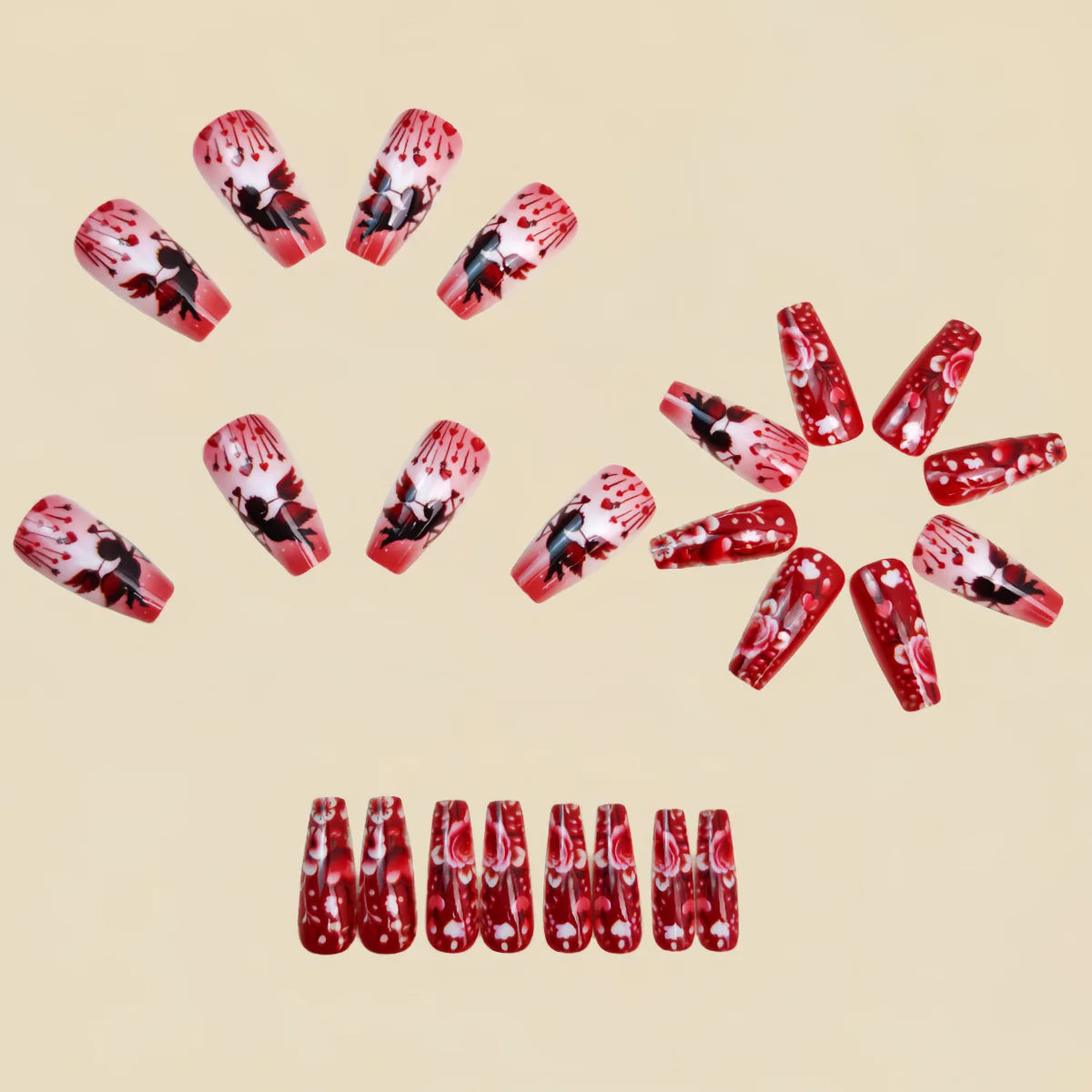 Medium long fake nails for Valentine's Day Pink red golden rose flowers heart angel ballet nail tips press on false nail set