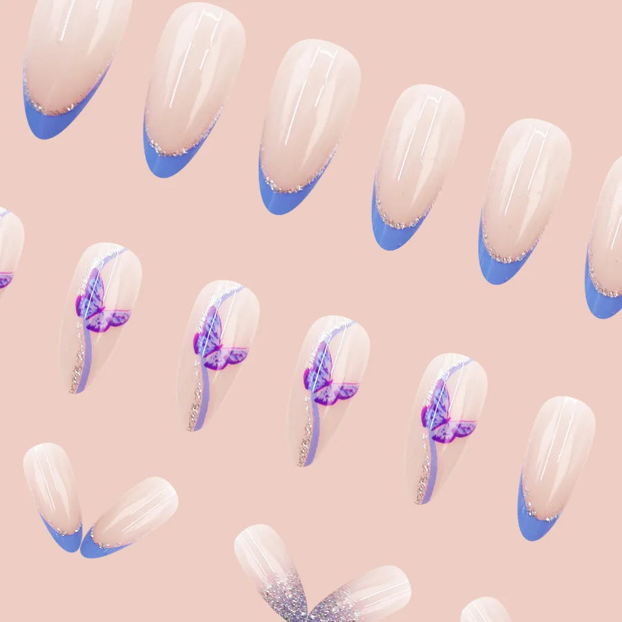 Short Medium fake nails for women girls gradient blue butterfly design for Spring summer season full cover acrylic press on nail