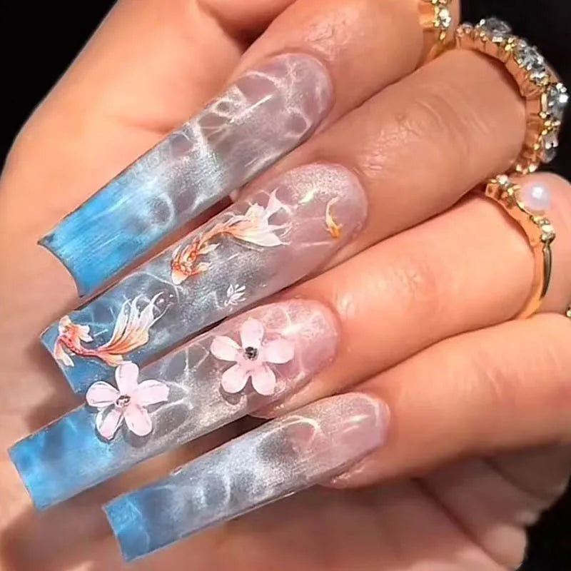 24/30pcs/set Medium Long Fake Nails 3D Flowers Butterfly Rhinestones for Spring Summer Golden Foil Nail Tips Press On False Nail