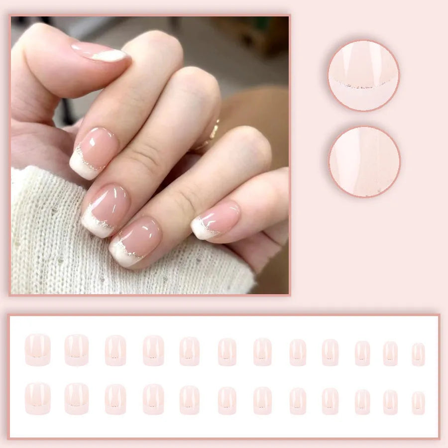 Nude White Tip Glitter Stripe Minimalist French Press-On Nails – Short Square, 24 Pcs