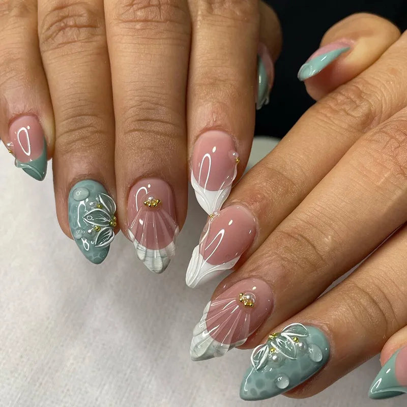 24Pcs 3D Green Ripple Design False Nails Cat's Eye French Almond Fake Nail Tips Leaves Pattern Removable Oval Press on Nails