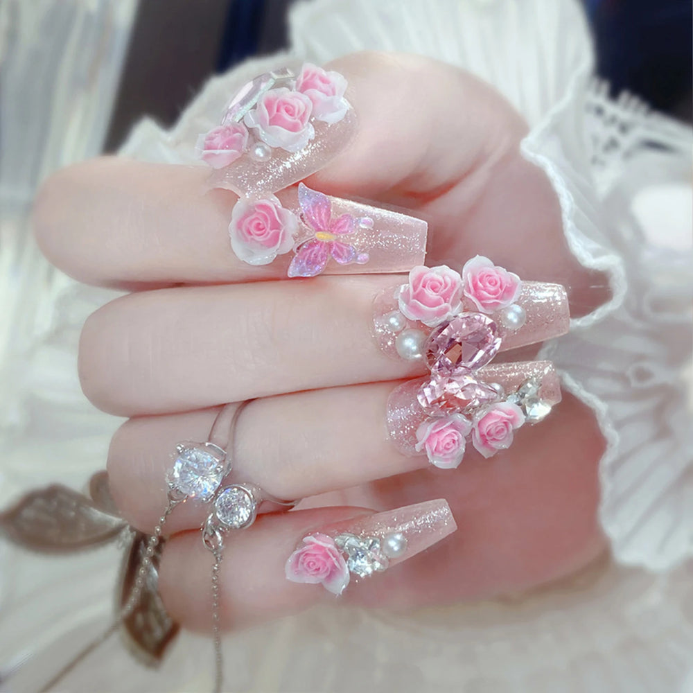Pink 3D Flower & Metal Bow Press-On Nails – Almond, 24 Pcs