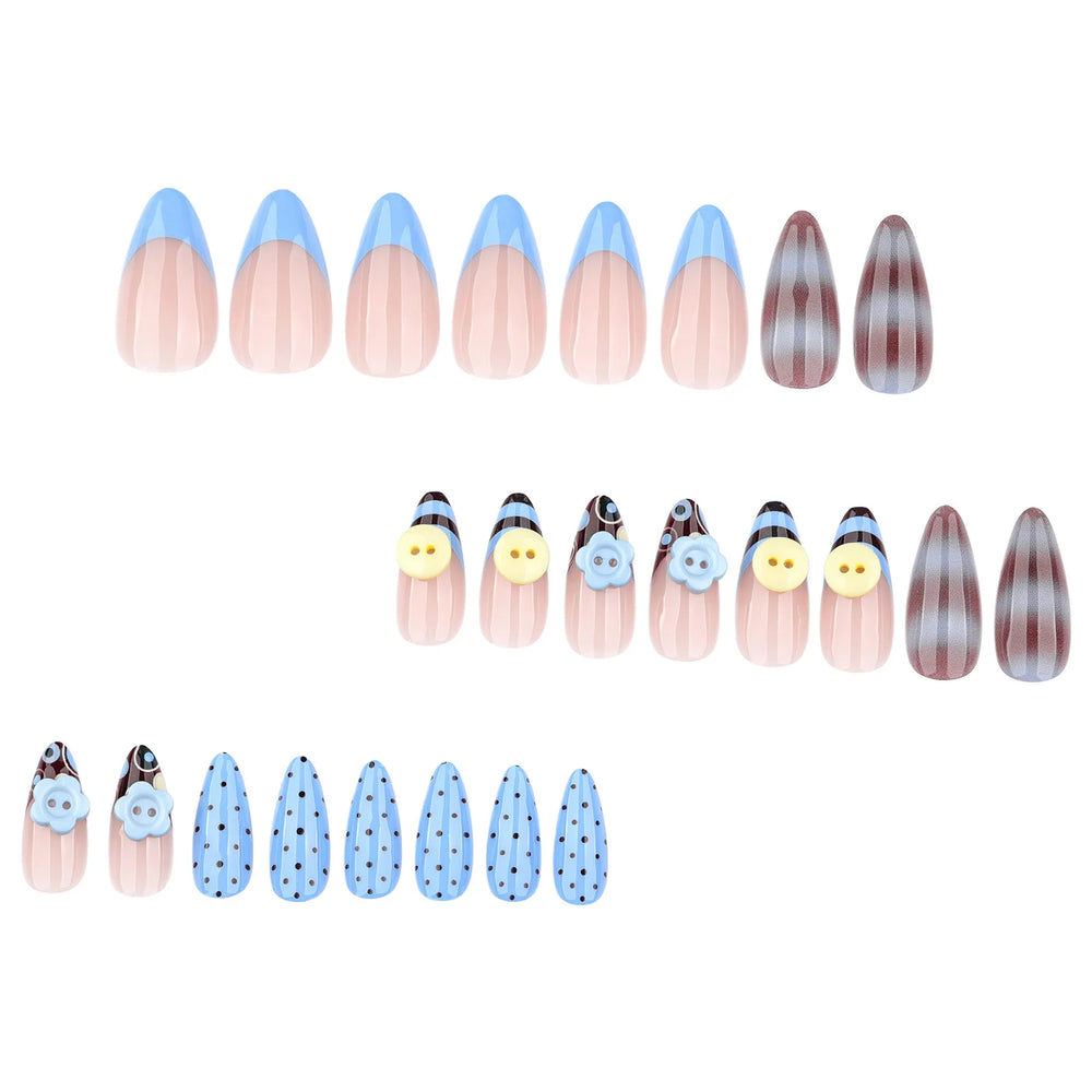 Blue & Brown Ombre 3D Button Flower Press-On Nails – Almond, 24 Pcs