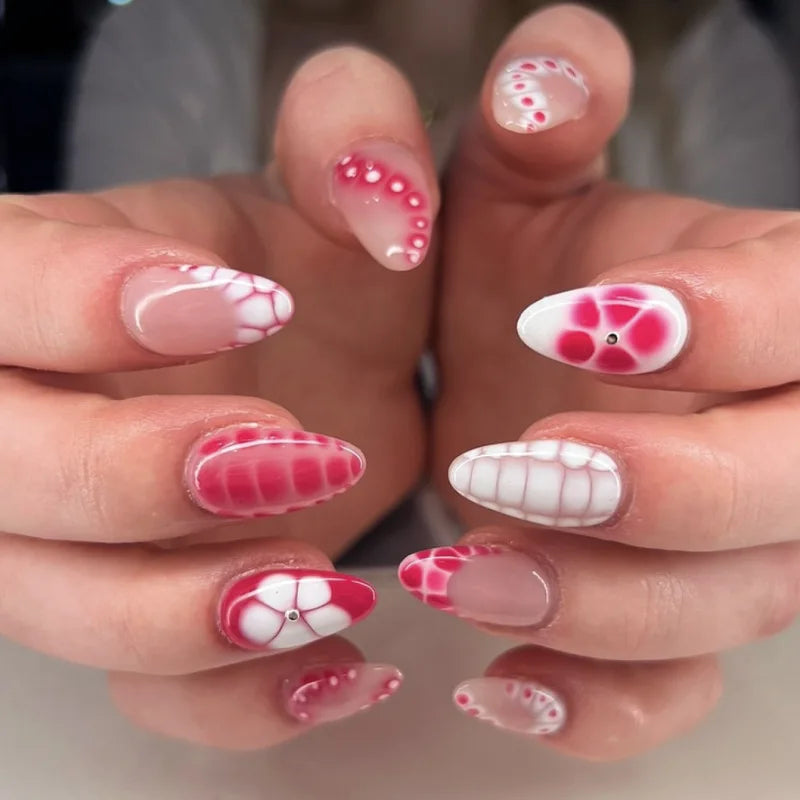 Sweet Pink Flower Gold Stripe Press-On Nails – Short Almond, 24 Pcs