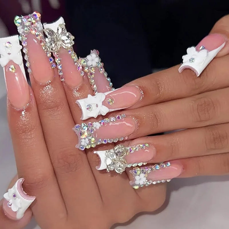 Glitter Butterfly Rhinestone Press-On Nails – Long Coffin, 24 Pcs