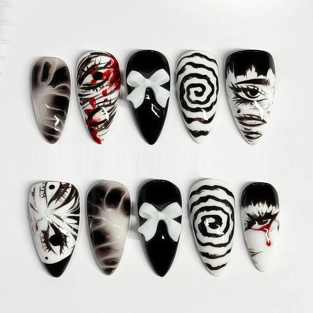 Black Ombre Horror Ghost & Spider Web Press-On Nails – Almond, 30 Pcs