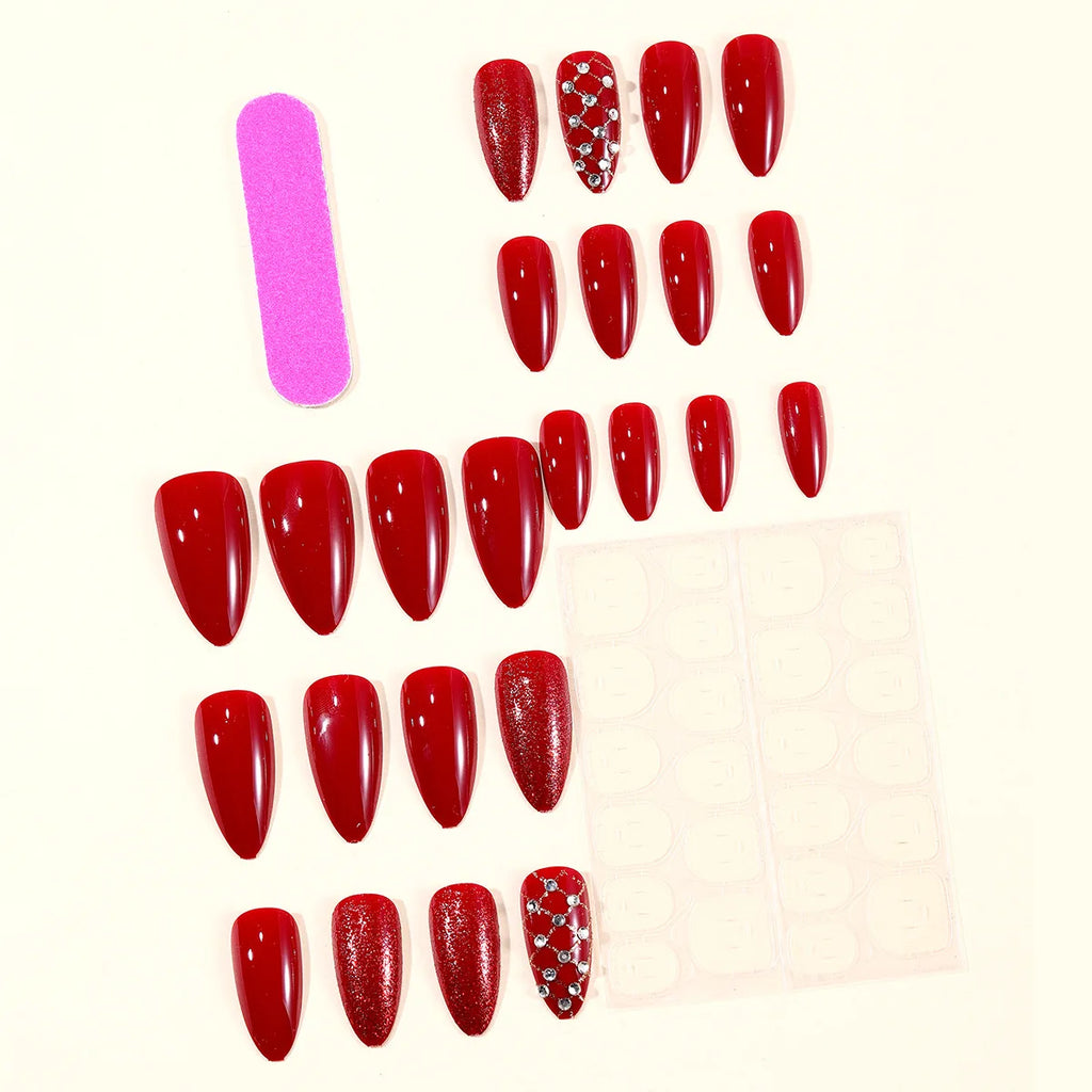Medium Long Fake Nails for Women Girl Sparkling Glitter Red Nail Tips for New Year Party Almond Square Shape Press On False Nail