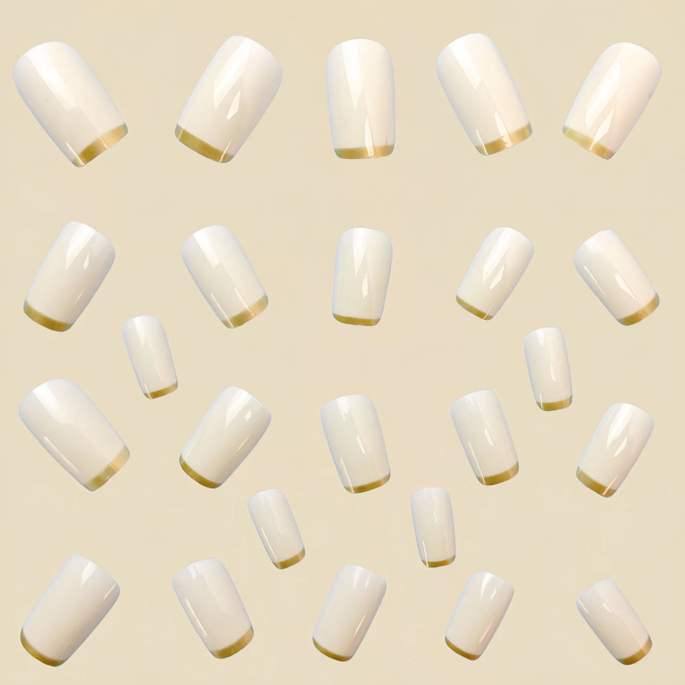 Beige Creamy White French Press-On Nails with Gold Edge Stripe – Medium Square
