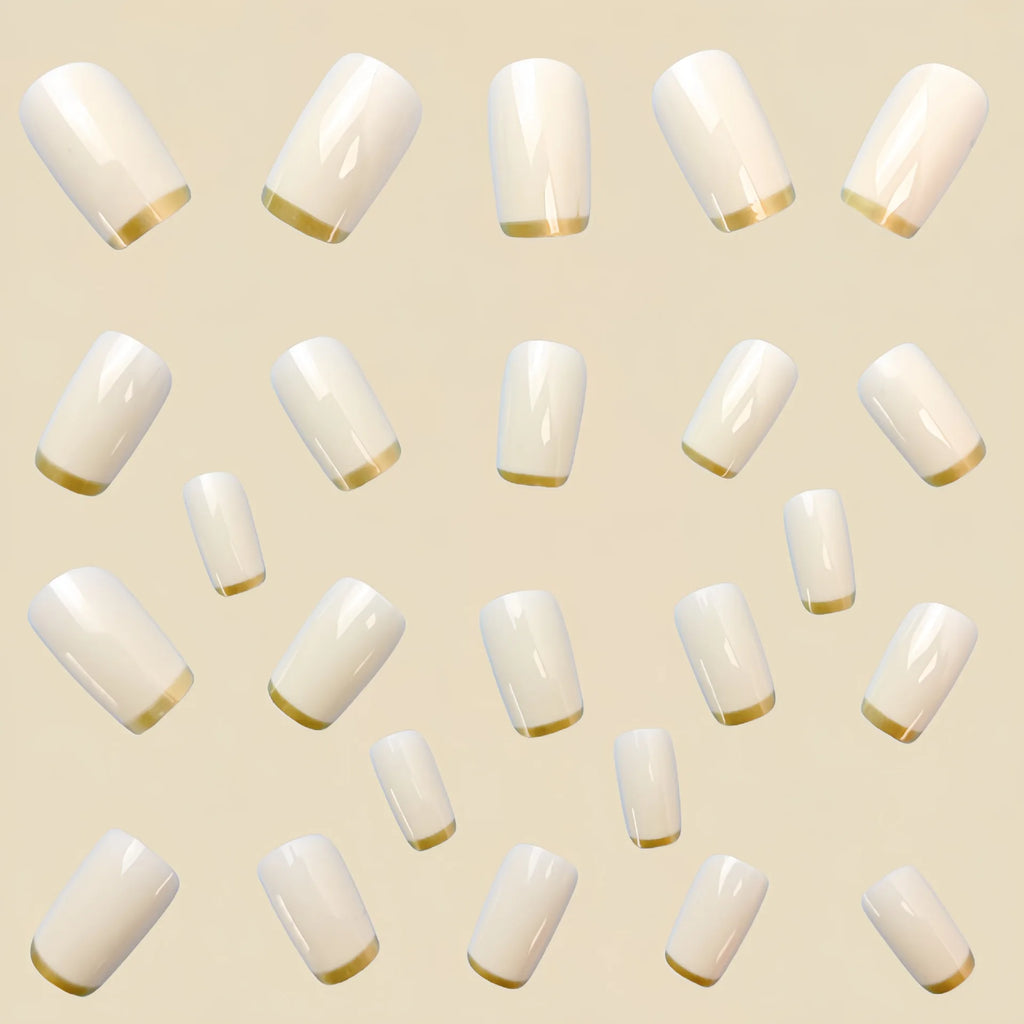Medium fake nails for women Beige creamy white square nail tips with golden edge strips french style press on false nail art