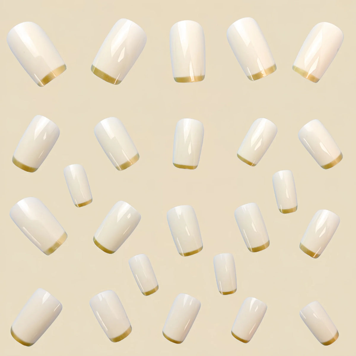 Medium fake nails for women Beige creamy white square nail tips with golden edge strips french style press on false nail art