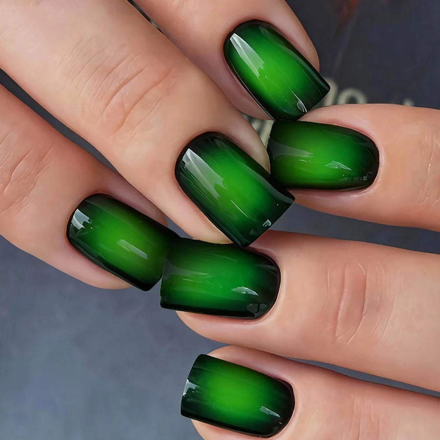 Green Purple Blue Black Gradient Glossy Press-On Nails – Short Square