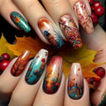 Medium fake nails for women girls gradient red brown maple leaf flora blue nude  full cover press on acrylic false nail art