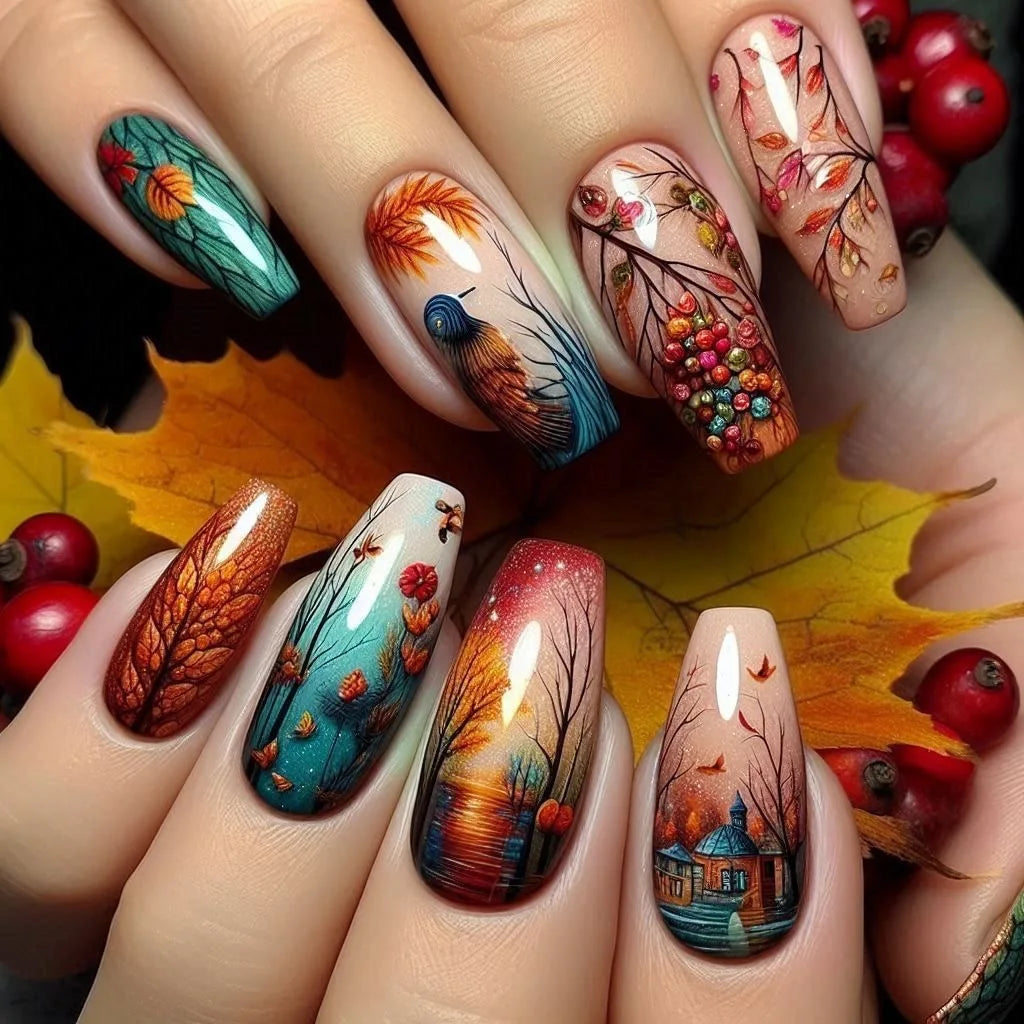 Medium fake nails for women girls gradient red brown maple leaf flora blue nude  full cover press on acrylic false nail art