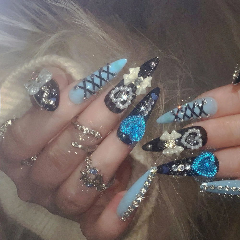 Black & Blue 3D Bow Pearl Heart Press-On Nails – Long Stiletto, 24 Pcs
