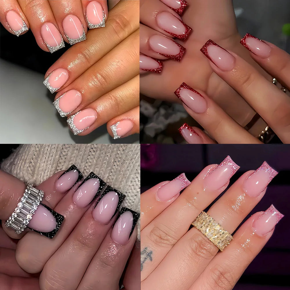 Fashion Minimalist French Fake Nails Medium Square Wearable Tips in Red Black Pink Silver with Sparkle Glitter Press On Nails
