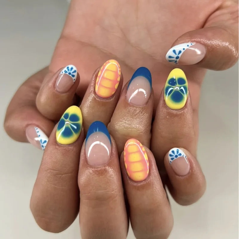 Sweet Pink Flower Gold Stripe Press-On Nails – Short Almond, 24 Pcs