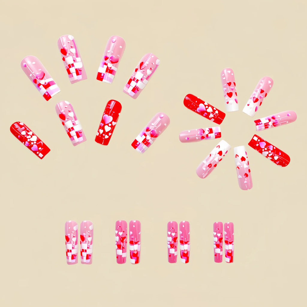 Long Gradient Pink And Red Heart square Shaped Nail Tips Press-On Fake Nails for Valentine's Day Wedding glossy Nail Art set