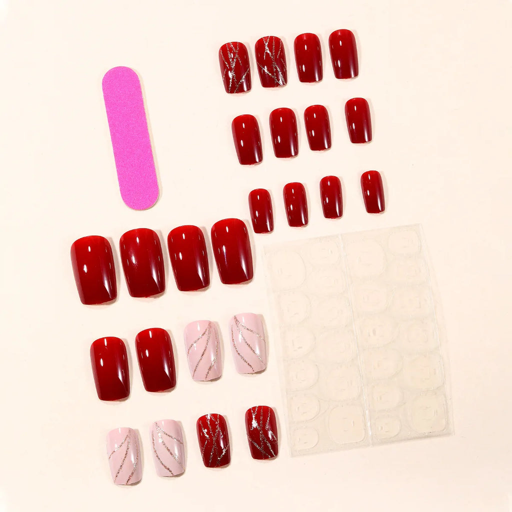 24pcs/set Medium fake nails for women girls New Year red with silver golden strips design french square tips press on false nail