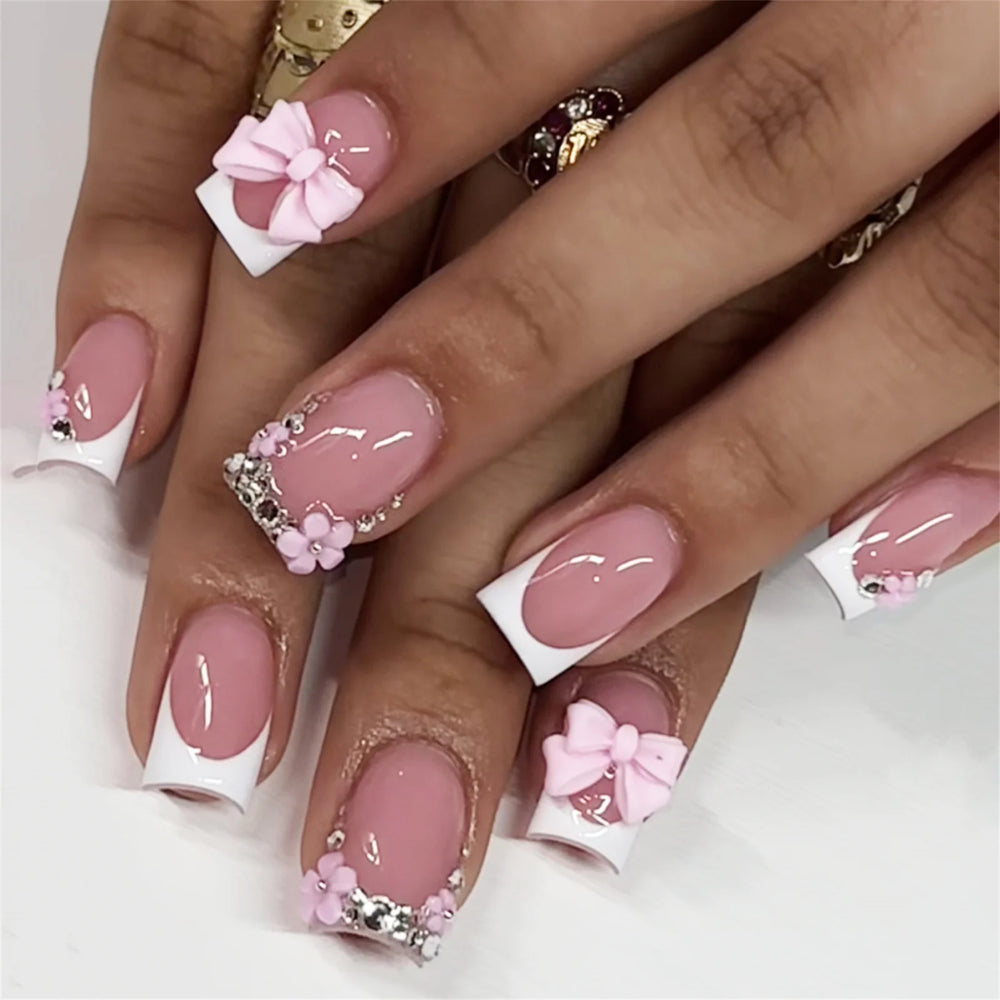 Leopard & Butterfly Bow French Press-On Nails – Square, 24 Pcs