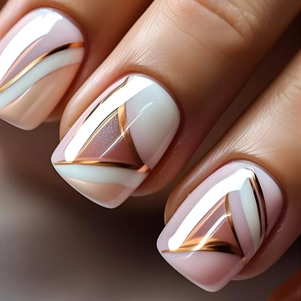 Short fake nails for women creamy white dusty pink lavender purple soft orange with champagne golden strips press on false nails