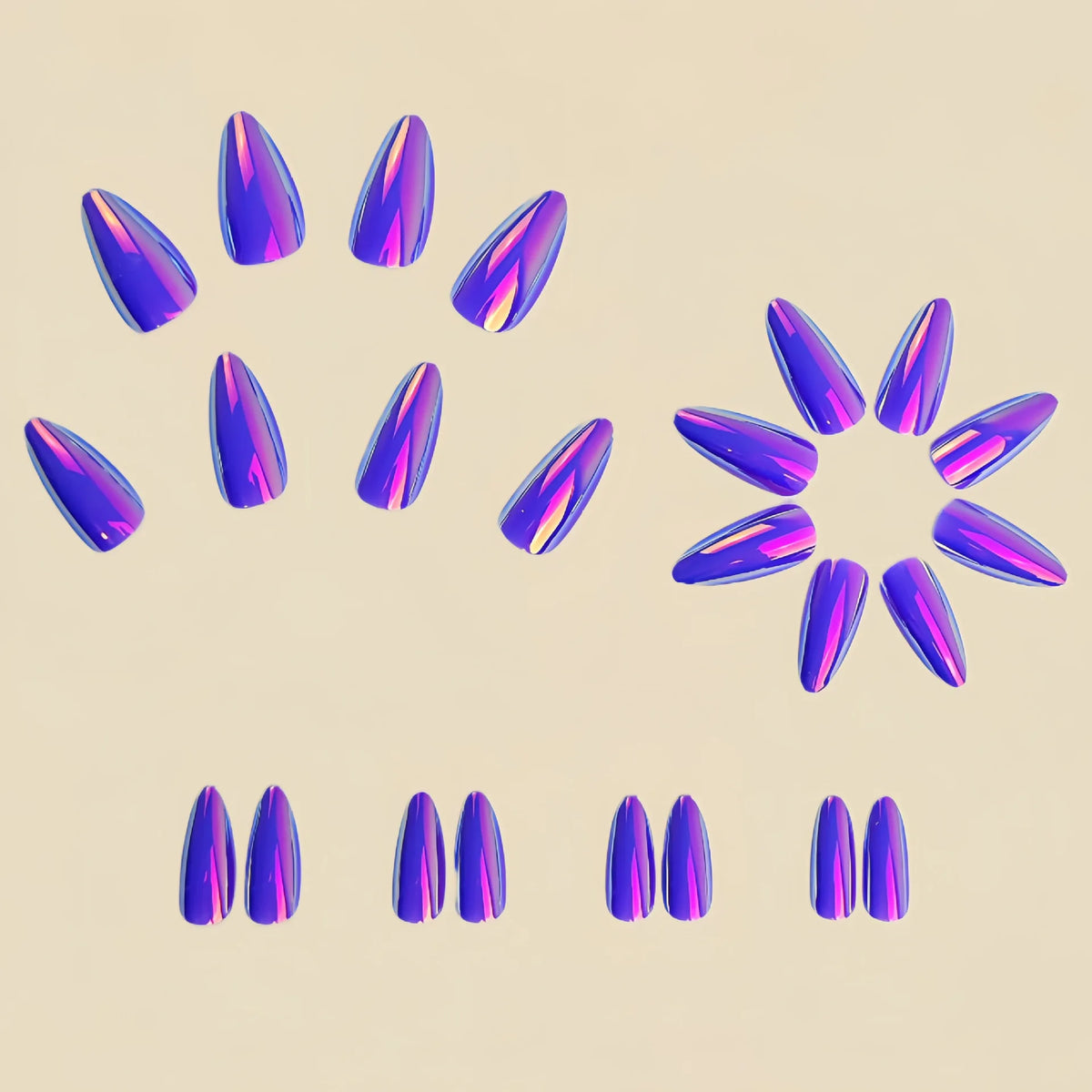 Fashion purple fake nails for women girls Holographic Plated metallic effect Medium long almond waterdrop tips press on nail art