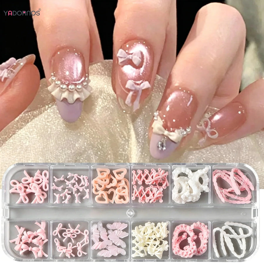 Pink Ballet 3D Bow & Heart Nail Charms – 12-Grid Box