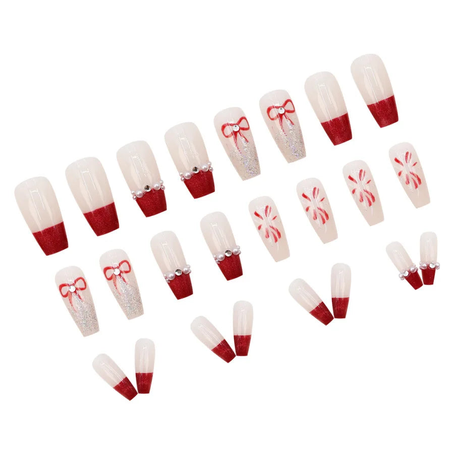 Medium fake nails for women white red ballet nail tips with pearls rhinestones glitters design full cover press on false nail