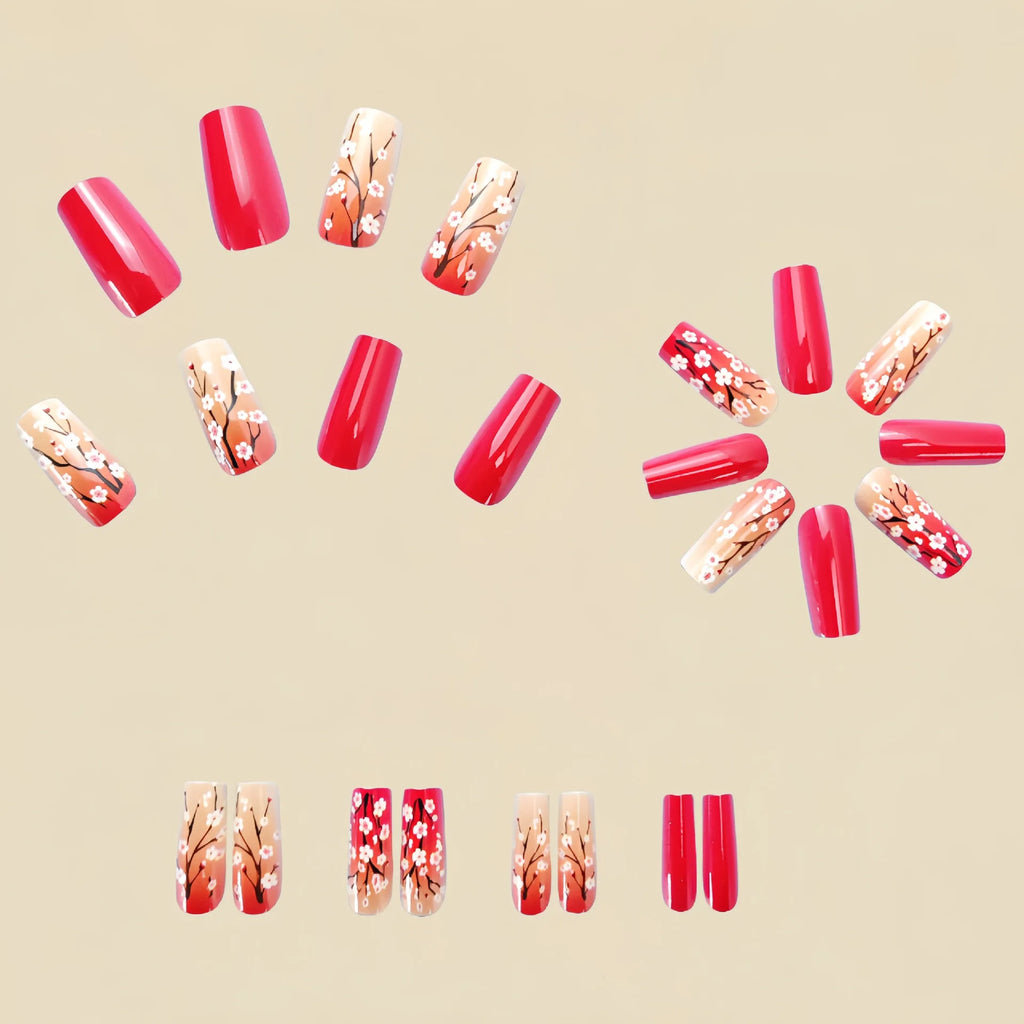 Short Medium fake nails for women girls pink red peach flowers for spring summer full cover square tips press on false nail art