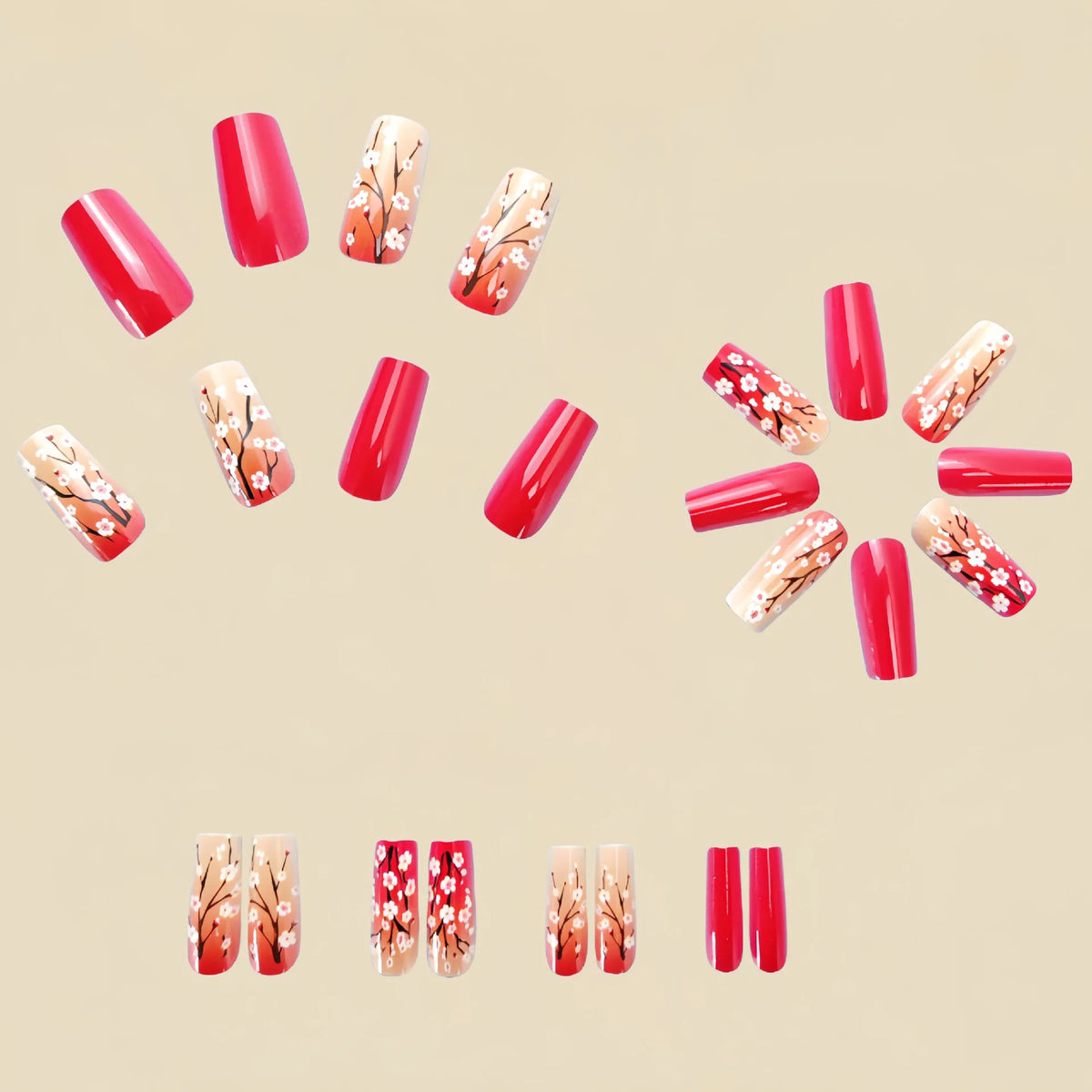 Short Medium fake nails for women girls pink red peach flowers for spring summer full cover square tips press on false nail art