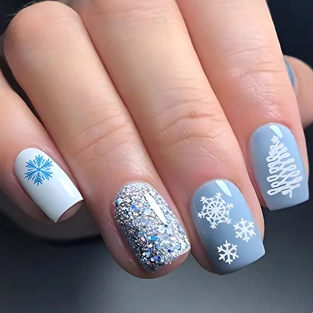 Snowflake Glitter Christmas Press-On Nails – Short Square, 24 Pcs